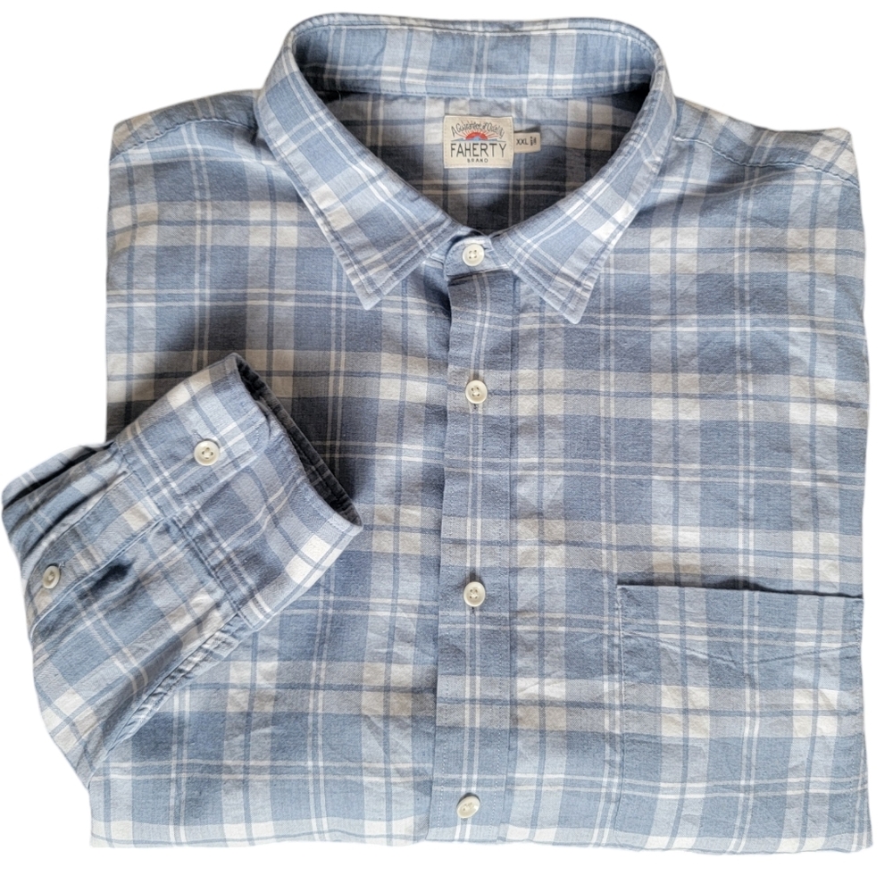 Faherty Ventura Light Blue Plaid Sport Shirt Cotton Stretch Mens Button …